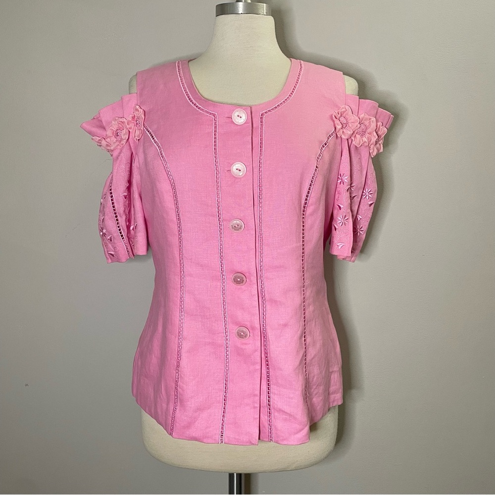 J Song Collection Linen Cold Shoulder Embroidered Floral Button Front Blouse